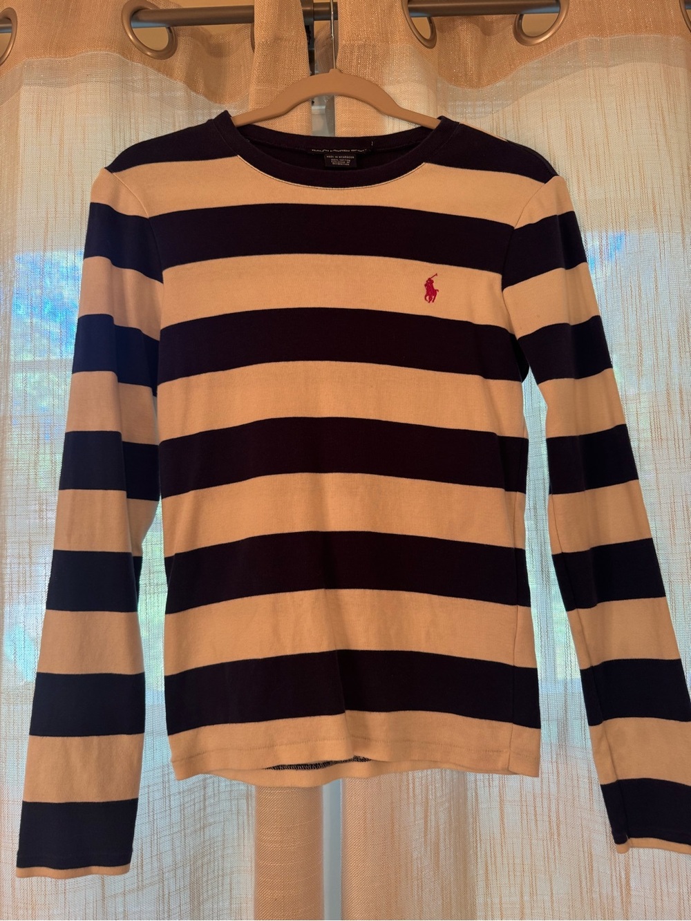 Ralph Lauren Long Sleeve Striped Tee Blue & Cream Size Medium